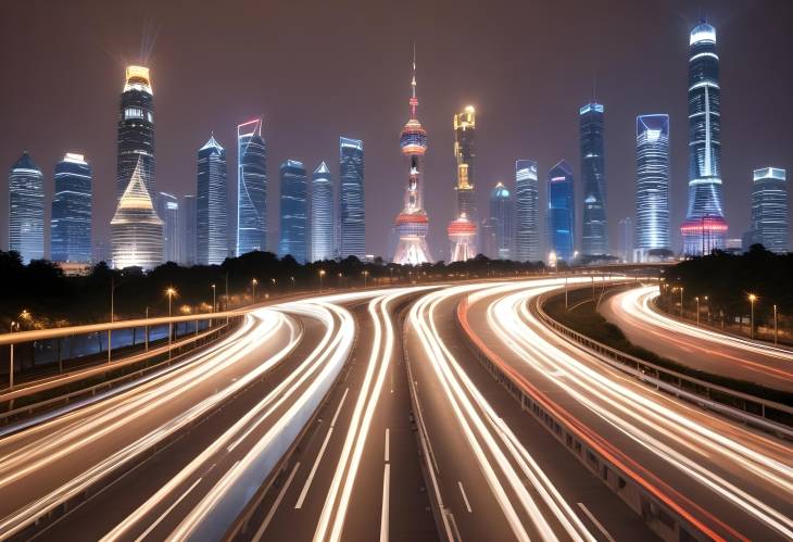 Shanghai Night Lights Light Trails Over Modern Buildings