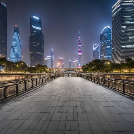 Shanghai Nights Empty Square Floor and Bridge Framing the City Skyline