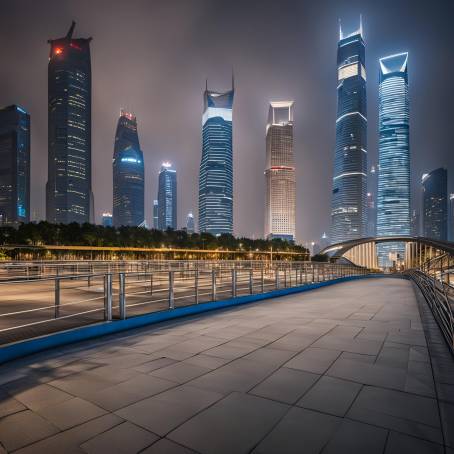 Shanghai Skyline Lights Empty Square and Bridge Under the Night Sky