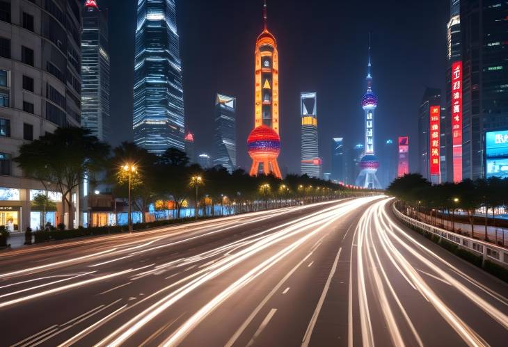 Shanghai Streets at Night Captivating Light Trails and City Lights