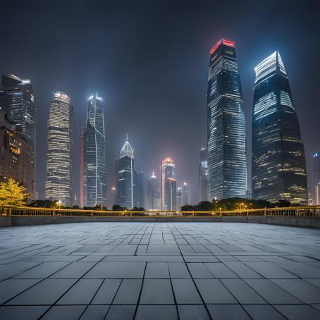 Shanghais Night Glow Empty Square and Bridge Highlighting the Modern Skyline