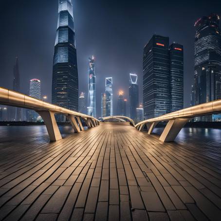 Shanghais Nightscape Modern Bridge and Empty Square Under the City Lights