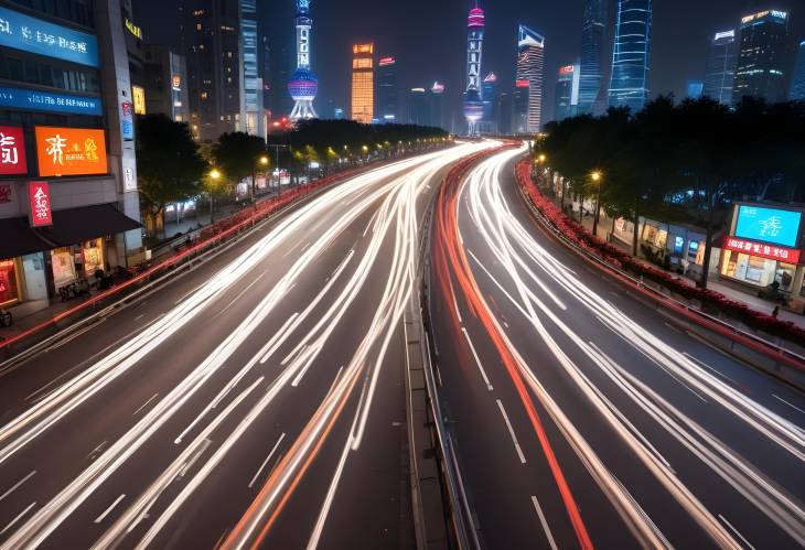 Shanghais Nighttime Elegance Captivating Light Trails on City Streets