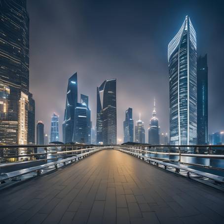 Shanghais Nighttime Splendor Empty Square and Bridge Overlooking Modern Cityscape