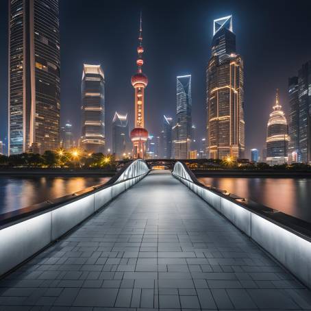 Shanghais Urban Nightscape Empty Square and Bridge Framed by Modern City Lights