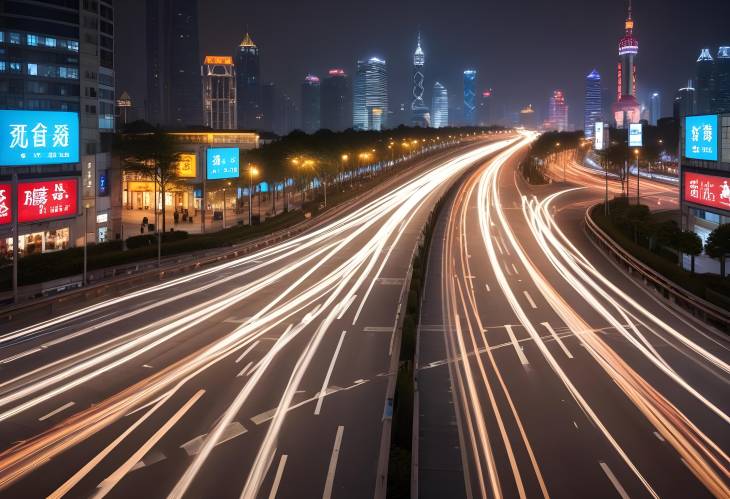 Shanghais Vibrant Streets Light Trails and Night time Energy