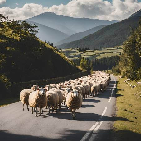 Sheep Crossing the Road in a Rural Setting