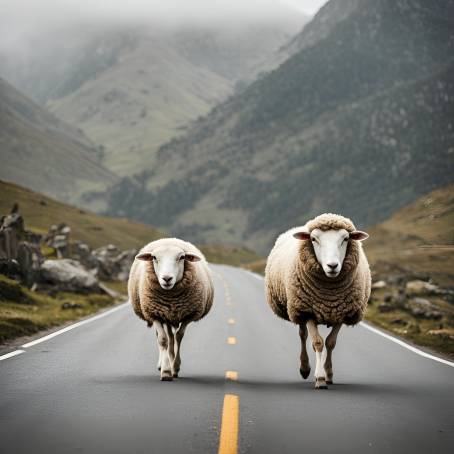 Sheep Enjoying a Walk on a Rural Roadway