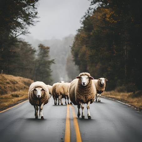 Sheep in Motion on a Scenic Rural Road