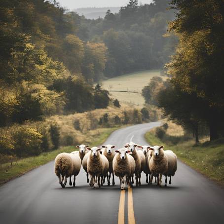 Sheep Meandering Along a Country Road