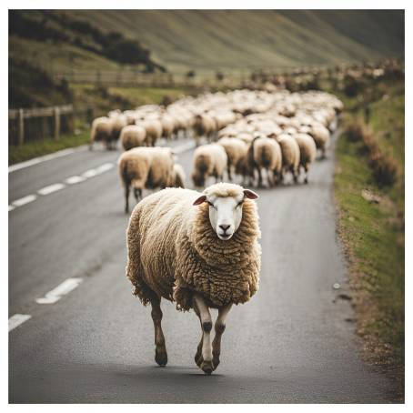 Sheep Moving Along a Quiet Country Road