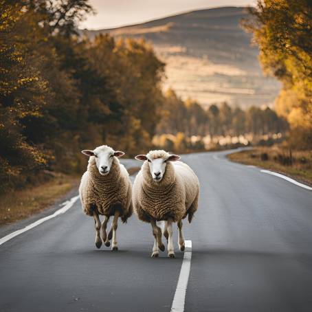 Sheep Strolling Down a Quiet Rural Road