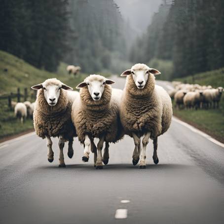 Sheep Walking Along the Road in a Tranquil Rural Area