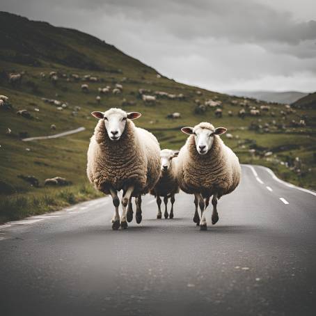 Sheep Wander Along a Rustic Country Road