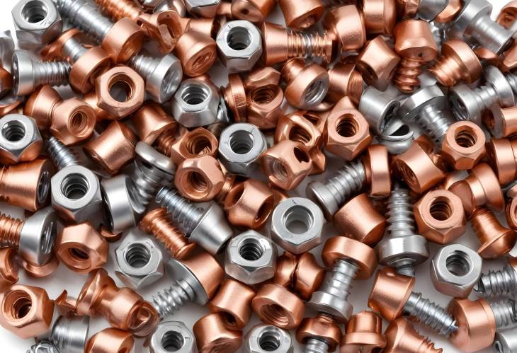 Shiny Copper and Silver Screws, Nuts, Rivets Close Up