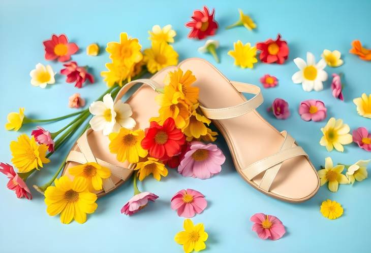 Shoes and Colorful Spring Flowers on Blue Background