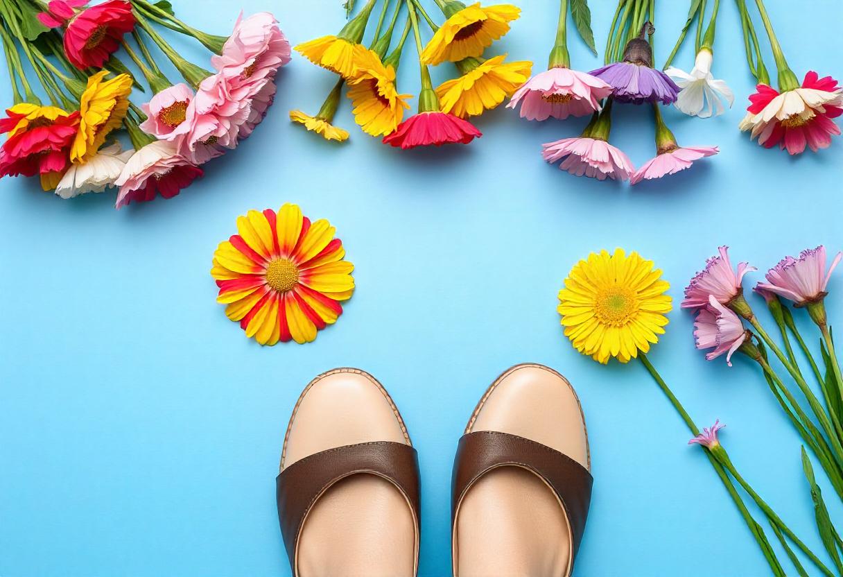 Shoes and Colorful Spring Flowers on Blue Background