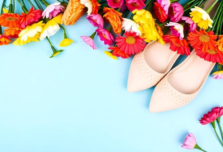 Shoes and Colorful Spring Flowers on Blue Background