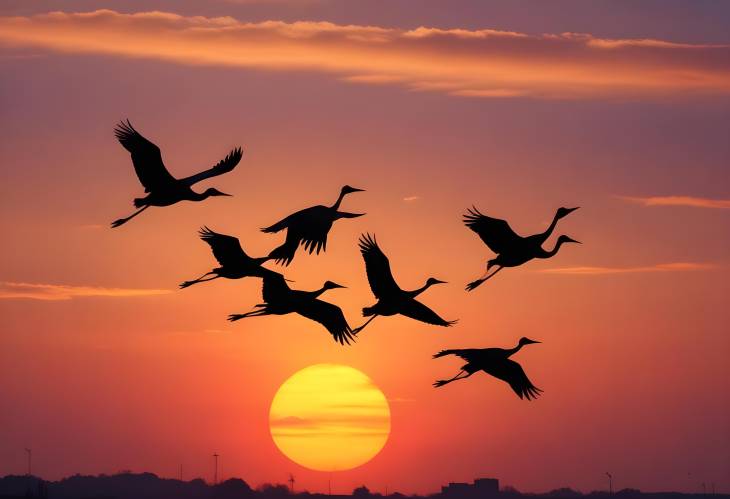 Silhouette of Cranes Flying at Sunset Captivating Scene of Birds Against a Vibrant Evening Sky