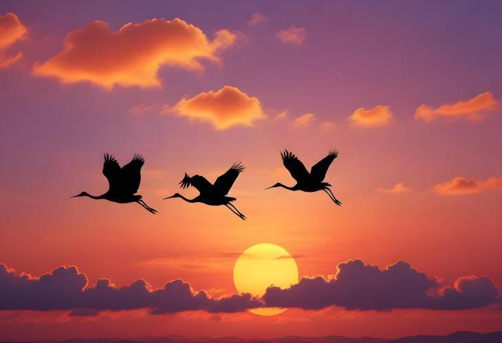 Silhouetted Cranes Flying at Sunset A Majestic Evening Sky with Vibrant Colors