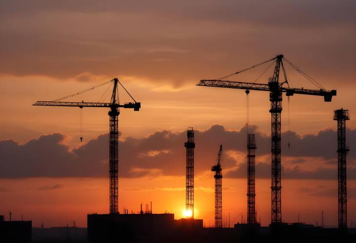 Silhouettes of Cranes and Buildings Bathed in Early Morning Sunrise