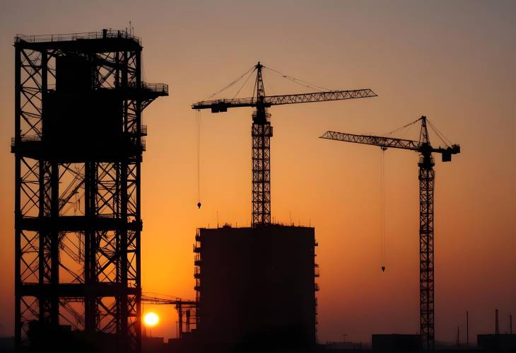 Silhouettes of Cranes and Buildings in Sunrise Glow