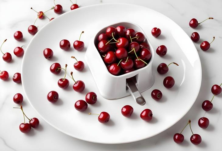 Simple and Sweet Fresh Cherries on a White Plate with Cherry Pitter for Easy Prep