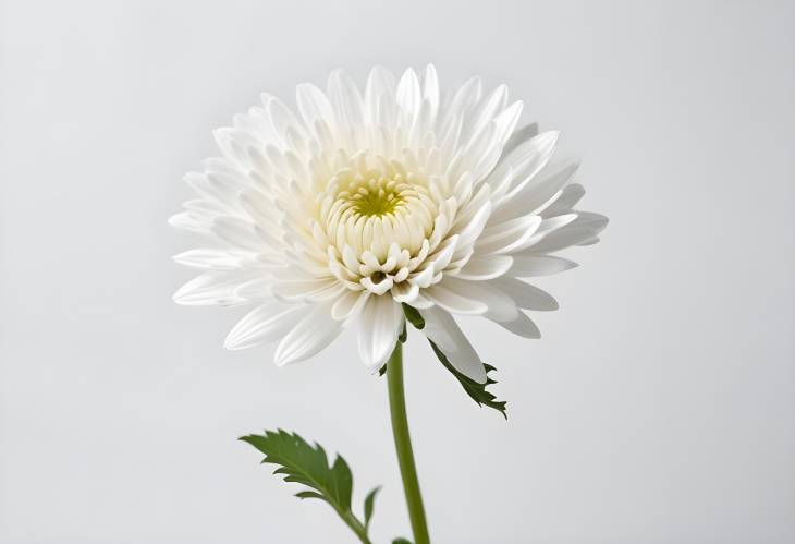 Simple White Chrysanthemum Flower with Stem, Isolated on White Background