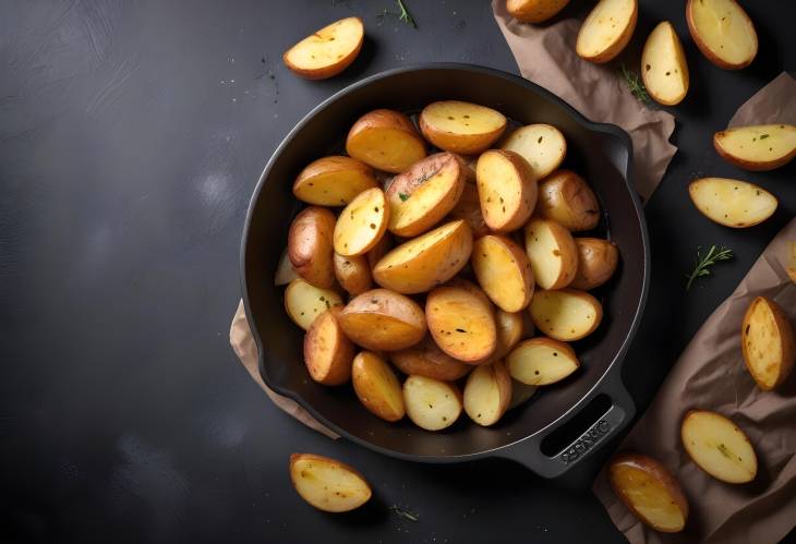 Sizzling Roasted Potatoes Baked Wedges in a Pan on Stone