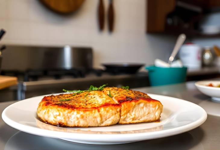 Sizzling Salmon Fried Steak on a Kitchen Plate