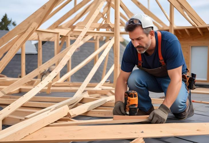 Skilled Roofing Contractor in His 40s Installing Wooden Elements on a New Roof