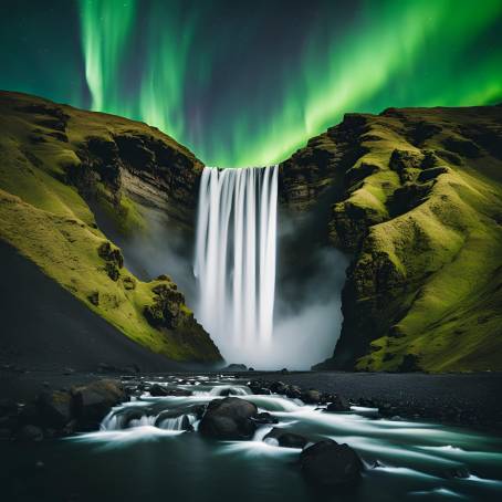 Skogafoss Waterfall and Green Northern Lights in Icelandic Nightscape