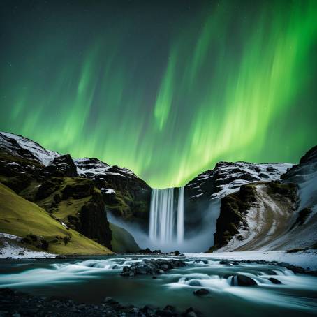 Skogafoss Waterfall Illuminated by Green Aurora Borealis in Iceland