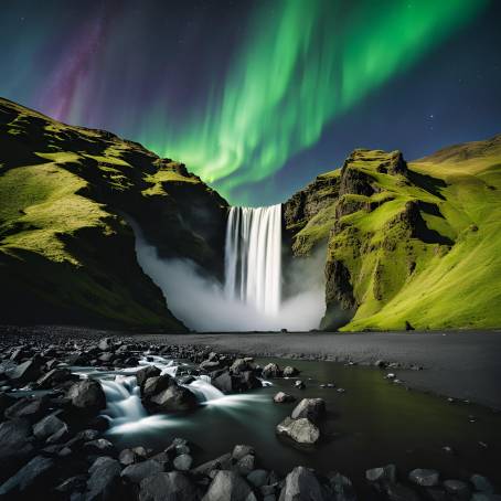 Skogafoss Waterfall in Iceland with Northern Lights and Mountain View