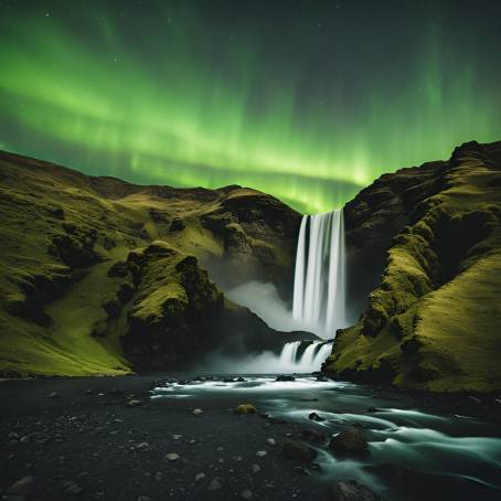 Skogafoss Waterfall Under Green Aurora Borealis Nighttime Mountain Scenery