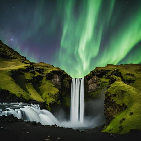 Skogafoss Waterfall with Green Aurora Borealis in a Stunning Icelandic Nightscape