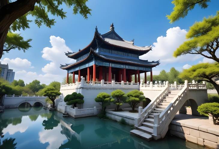 Sky High Elegance Ancient Chinese Garden Beneath Blue Skies