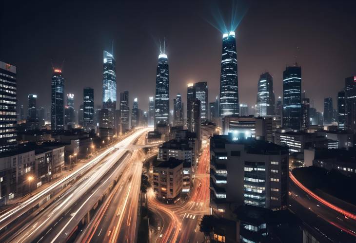 Skyscrapers and Blurred Lights Dynamic Night Cityscape with Urban Energy