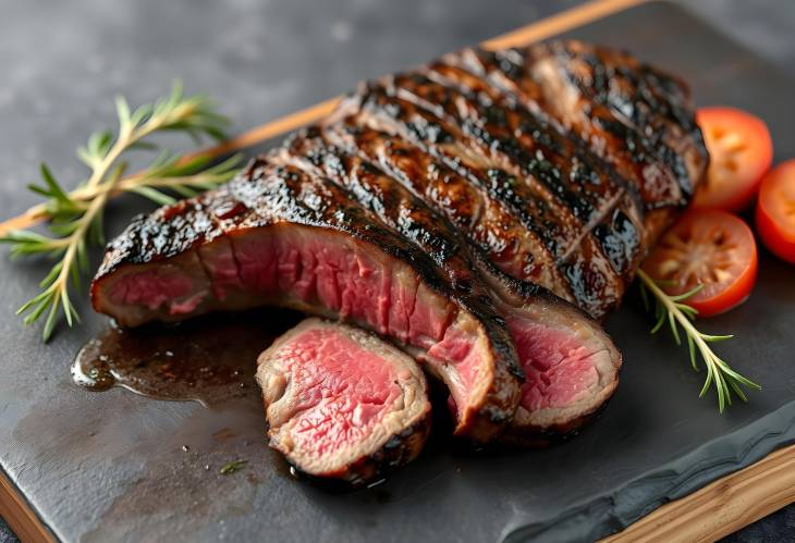 Slate Board with Sliced Medium Rare Grilled Striploin Steak  Copy Space