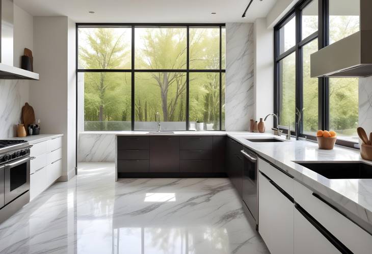 Sleek and Modern Kitchen Featuring Marble Countertops, State of the Art Appliances, and a Cozy Break