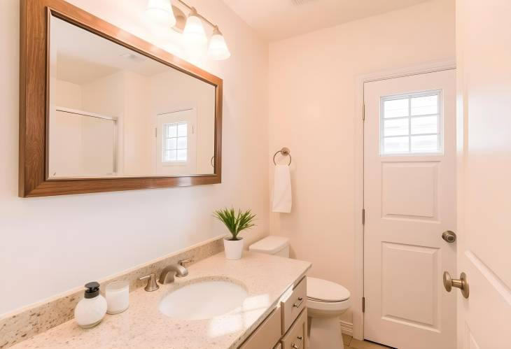 Sleek bathroom with light counters, integrated sink, and mirror, combining modern style and functio