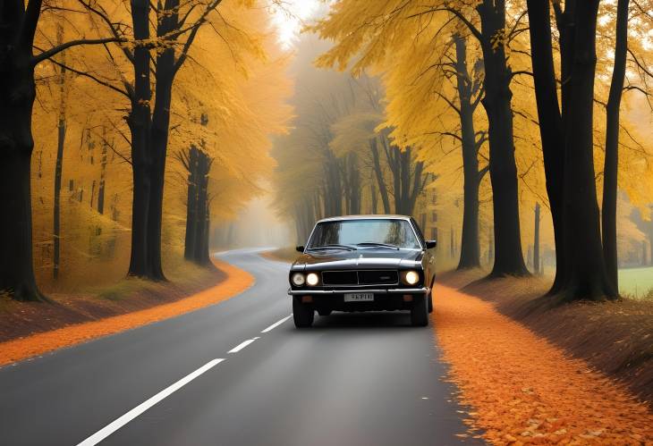 Sleek Black Car Cruising Down a Picturesque Autumn Road A Perfect Fall Drive