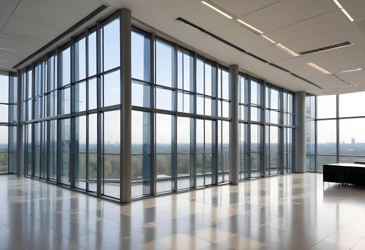 Sleek Glass Windows Reflecting Cityscape in Modern Office Building