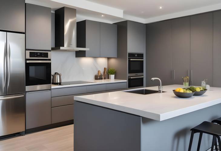 Sleek Grey Modern Kitchen in a Luxury Apartment with High End Stainless Steel Appliances