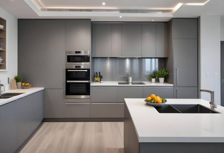 Sleek Grey Modern Kitchen in Luxury Apartment with Stainless Steel Appliances and Beautiful Design