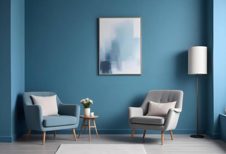 Sleek Living Room with Armchair and Picture on Blue Wall