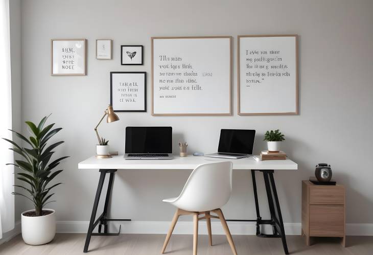 Sleek Minimalist Workstation with Clean Desk, Modern Laptop, and Motivational Wall Quotes