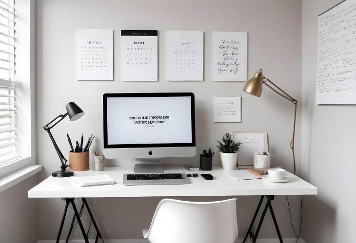 Sleek Modern Desk with Minimalist Setup and Inspirational Quotes for Productivity