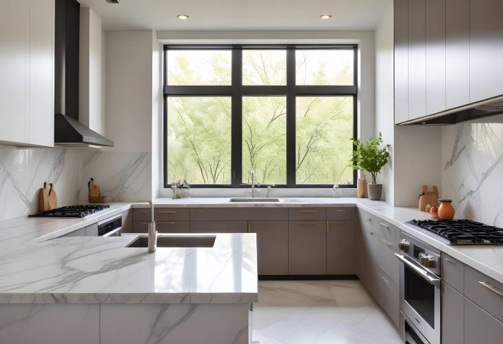 Sleek Modern Kitchen with Marble Counters, High Tech Appliances, and a Charming Breakfast Nook