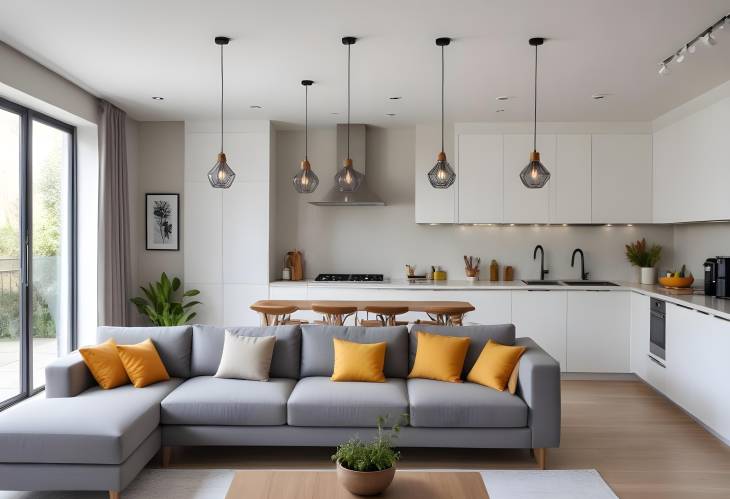 Sleek Pendant Lights Over Kitchen Island and Cushions Arranged on Living Room Sofa